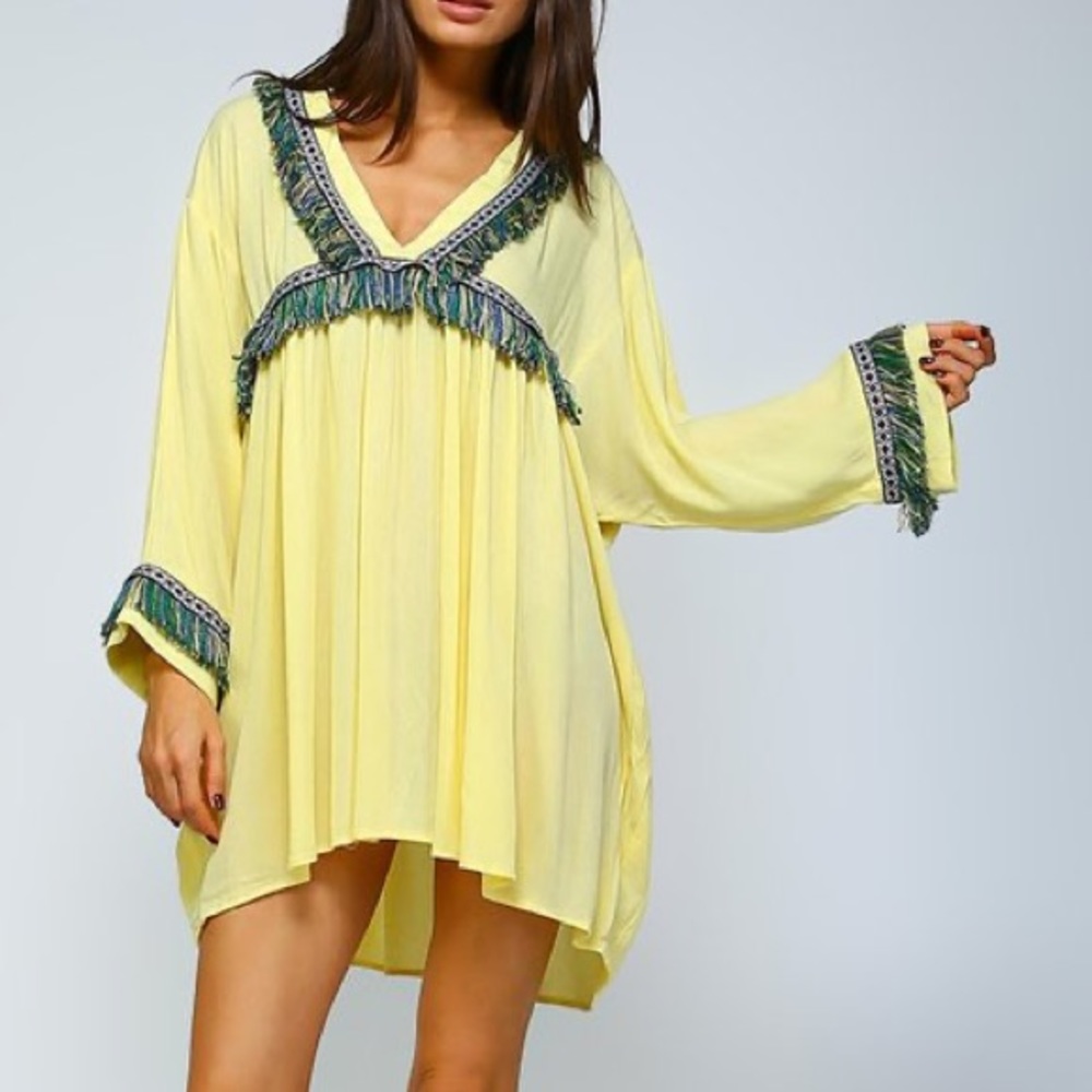 Lemon Meringue  Size M Fringe-Accent Coverup/Dress